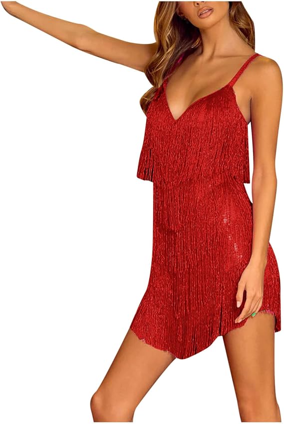Womens Fringe Sequin Dress Sparkly 1920S Sexy Mini Tassel Tank Dresses Formal Prom Cocktail Evening Party Concert