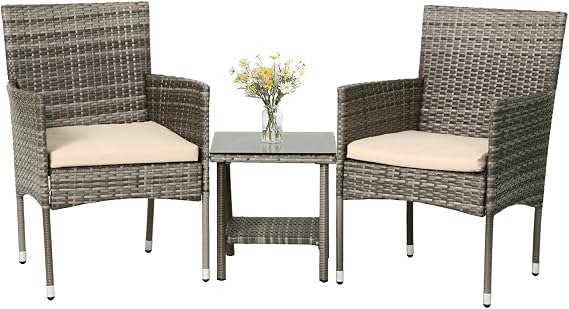 PayLessHere Set of 3 Outdoor Furniture Set Patio Furniture Set Gray Conversation Set with 2 Rattan Chairs Glass Coffee Table for Coffee Bar Poolside Patio Outdoor, Khaki Cushions