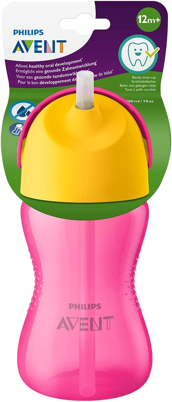 Philips Avent Straw Cup, 12 Month+, 300ml, Patterned, Drip-Free, Easy Grip, Dishwasher Washable, BPA-Free, Pink, SCF798/02