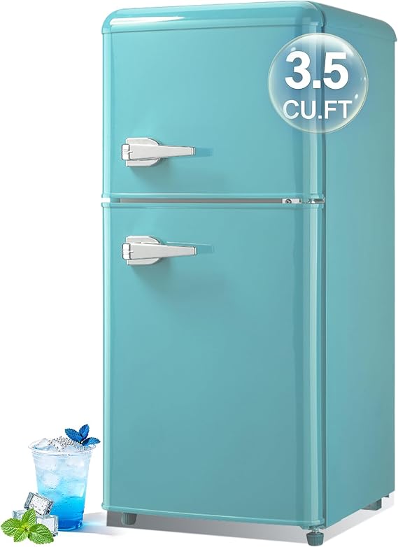Retro Mini Fridge with Freezer 3.5 Cu. Ft, Small Refrigerator Dual Door | 7 Level Adjustable Thermostat, Compact Classic Dual Door Fridge Removable Glass Shelves for Apartments, Dorm, Mint Green