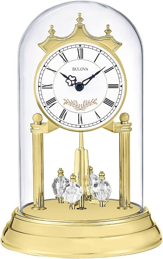 Bulova B8821 Heather Anniversary Clock | 9" Glass Dome Design | Rotating Crystal Pendulum | Westminster Chime | Engraving Plate