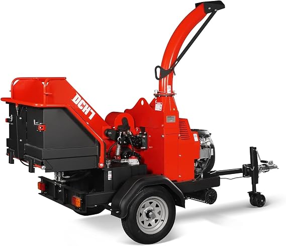 MechMaxx 7'' inch ZONSEN 750cc 25hp Twin Cylinder E-Start Gas Powered Engine Hydraulic Feeding Wood Chipper Shredder Mulcher with Towbar/Tail Light/Emergency Stop Bar,Model DCH7 Red