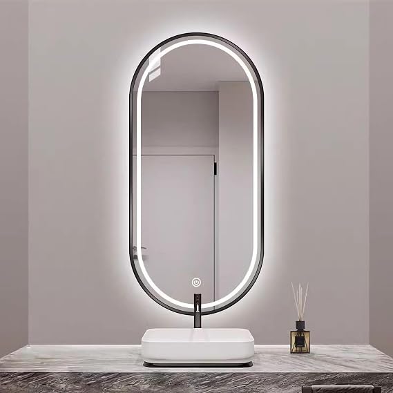 Black Oval LED Bathroom Mirror, 40X60 CM Vanity Mirror with Lights, Illuminated Backlit Mirror with 3 Colours, Touch Switch and Defogging Film