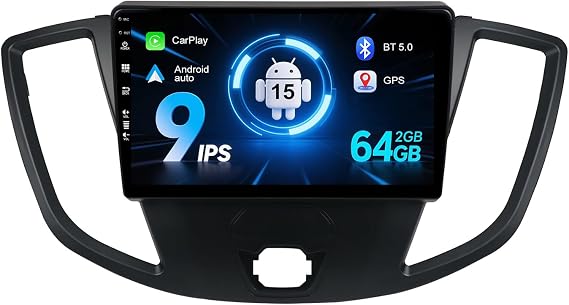 9" IPS Android 15 Car Stereo For Ford Transit 2015-2019 Head Unit |2G+64G| Support Carplay Bluetooth GPS Sat Nav Mirror Link Camera DAB RDS WIFI SWC Double Din