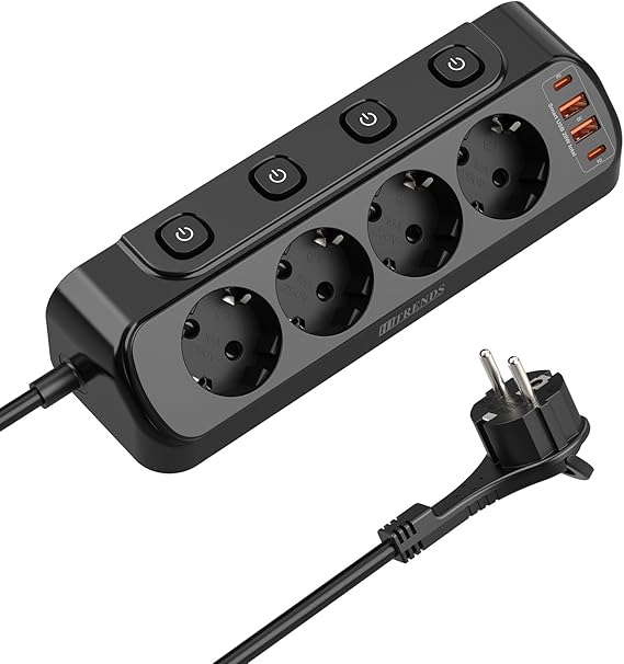 Power Strip 4-Way Individually Switchable Corner Socket with USB C PD 20 W & Flat Plug 2 m Cable Child Lock & Surge Protection Desk Socket for Office Home Office - Black