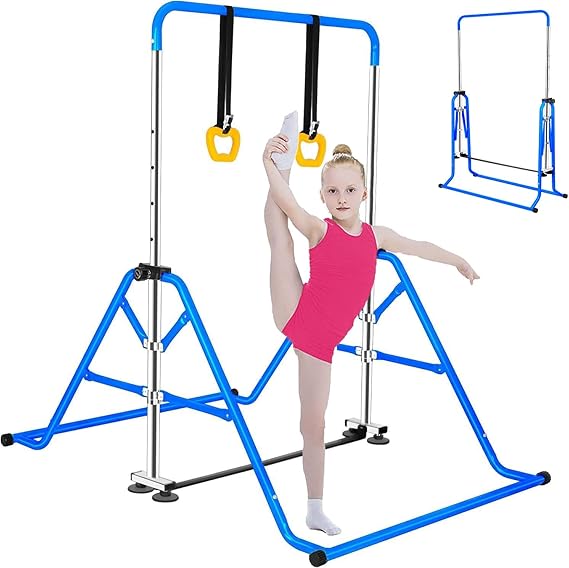 Gymnastics Bar for Kids, Junior Training Kip Horizontal Bar Gymnastics Equipment for Home, Adjustable Telescopic Height Folding Horizontal Bar with Gymnastic Rings for 3-12 Years Old Kids