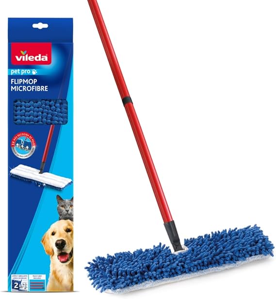 Vileda Pet Pro Flip Mop - Double Sided Microfibre Mop Head, Wet & Dry Clean | Picks up to three times more pet hair, Flip feature for 2-in-1 cleaning, Machine Washable Head, Ideal for Sealed Hard Floors
