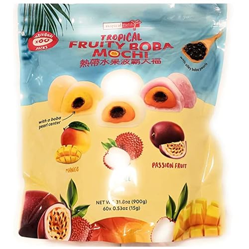 Tropical Fruity Boba Mochi,31 ounces, 60 Counts, Assorted, Mango, Lychee, Passion Fruit,  WITH BRYANT SUPPLIES, LLC PEN