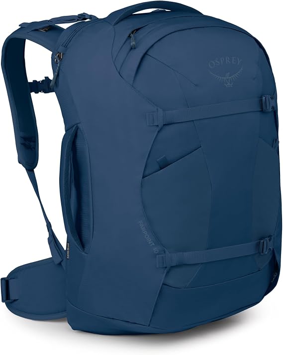Osprey Farpoint Men's Travel Pack, 40L, Antique Blue | carry on bag, laptop sleeve, personal item, work school travel, carry on travel, flight friendly, toiletry kit, Blue color