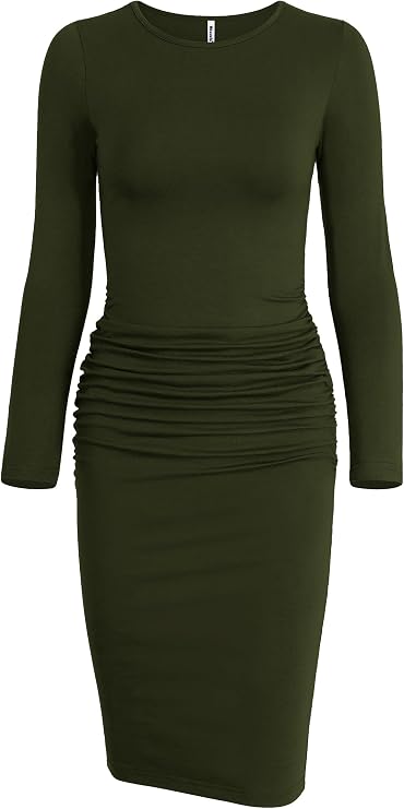 Missufe Women's Long Sleeve Ruched Casual Sundress Bodycon Sheath Knee Length Dress