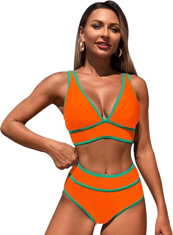 MXVPY Women's Retro High Waisted Bikini Set V Neck Color Block Two Piece Sporty Swimsuit Bathing Suit