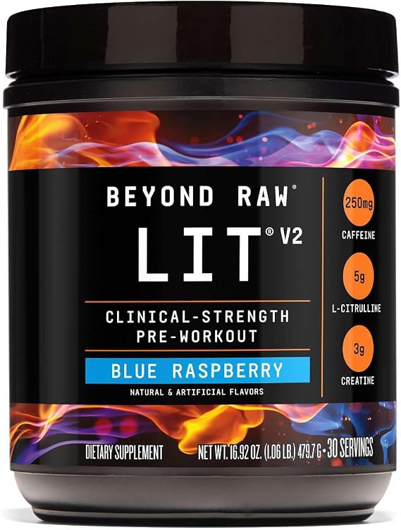 BEYOND RAW GNC LIT V2 Pre Workout Powder, Blue Raspberry, 30 Servings | Delivers Caffeine, Beta-Alanine, Creatine Monohydrate, and L-Citrulline to Support Energy, Muscle Pumps, and Hydration