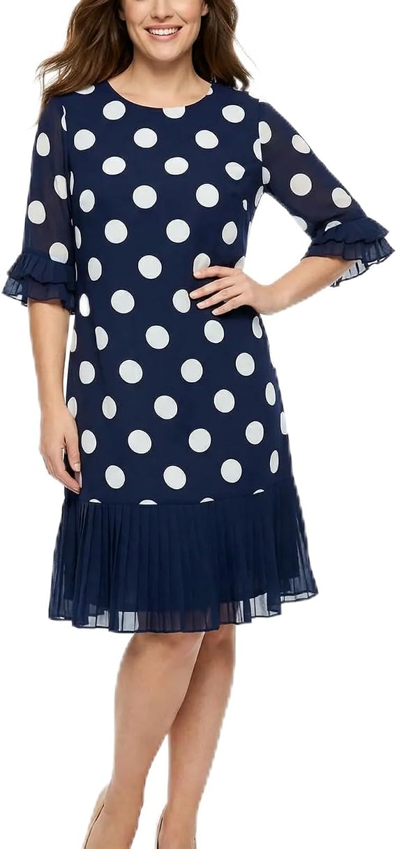 Polka Dot Dress for Women with Flounce Sleeve & Hem, Lightweight Fabric Round Neck Party Dress, A-Line Midi Dress
