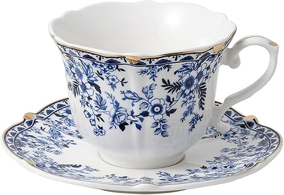 Ceramic Coffee Cup and Saucer Set, 7.5oz- Vintage Blue Floral