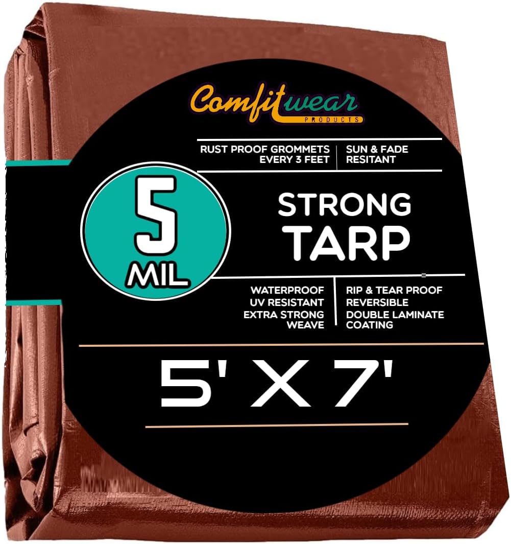 Bulk Pack Standard Poly Tarp Reinforced Edge Grommet Multi-Purpose, Pool Cover Boat Tarps Camping Tarps UV Resistant Waterproof Tarpaulin Canopy Tent Brown, 5x7 - 50 Pack