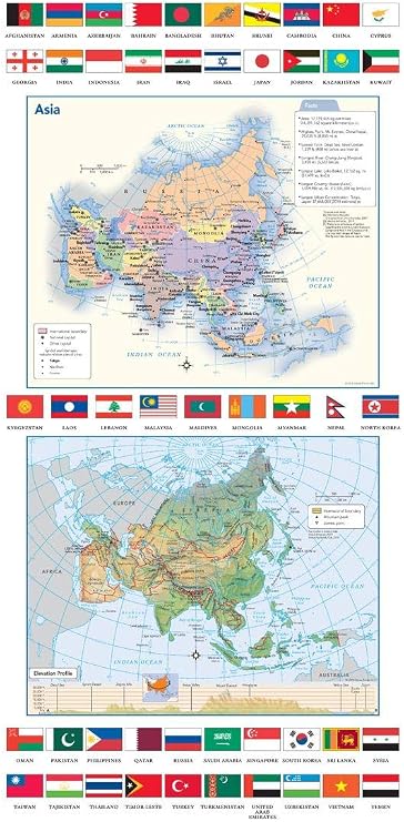 Asia Political & Physical Continent Map with Country Flags - 11.75" x 23.25" Laminated