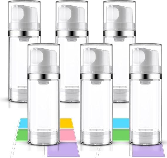 Airless Pump Bottles 3.4oz/100ml 6 Pack Clear | Pump Bottle Dispenser, Empty Moisturizer Airless Pump Jars, Cosmetic Pump Container