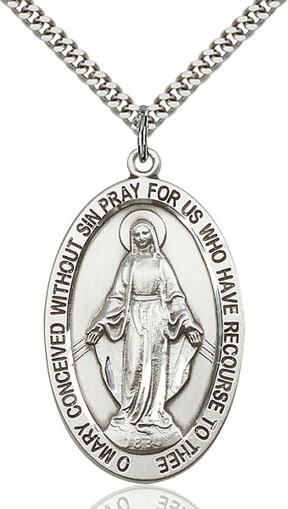 Heartland Store Mens Sterling Silver Miraculous Medal  24 Inch Endless Rhodium Plated Chain| USA Made