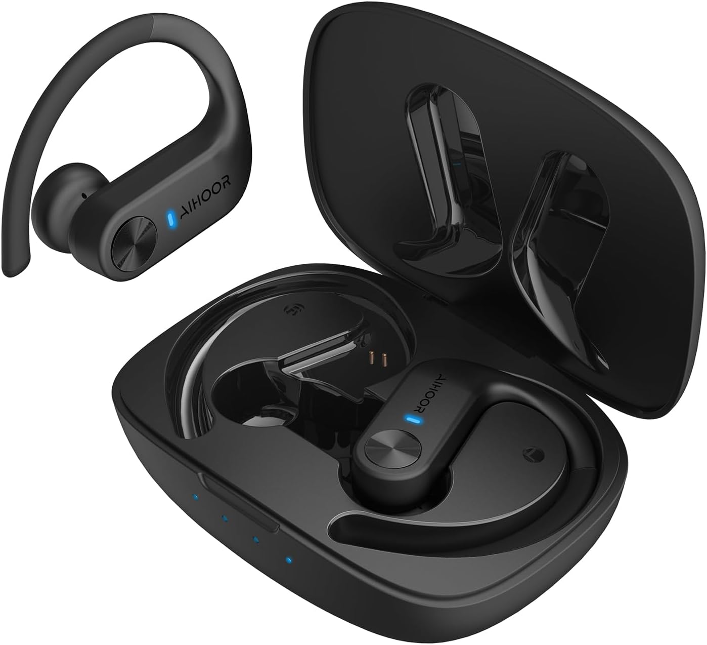 AIHOOR Wireless Earbuds with Earhooks for iOS and Android Phones, IPX5 Waterproof Headphones with Extra Bass 36hr Playtime, OpenBuds with Charging Case for Sport Running Gym Yoga, Black