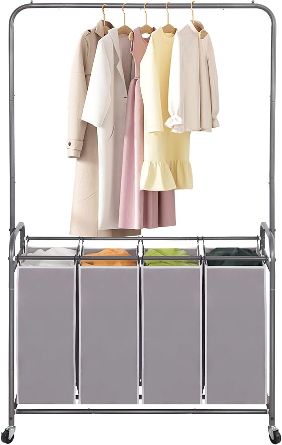 STO STO Laundry Sorter 4 Section with Hanging Bar, 4 Bag Laundry Hamper with Hanging Rod, Laundry Basket with Heavy Duty Lockable Wheels and Removable Bag for Clothes Storage, Gray