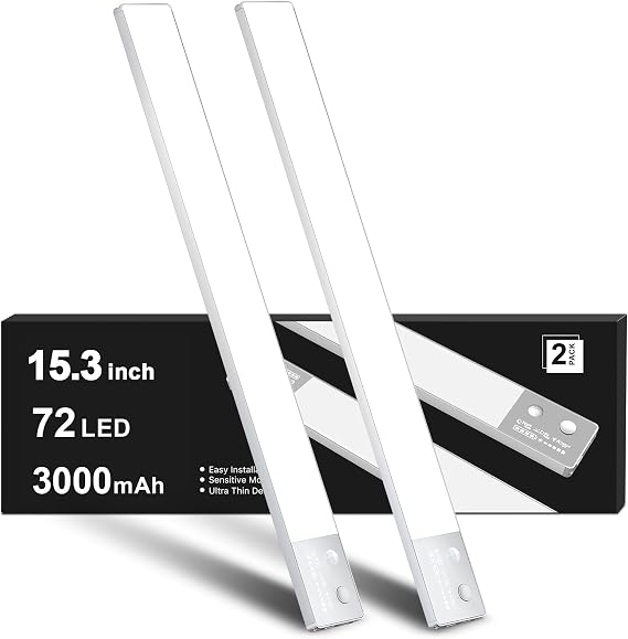 Under Cabinet Lights, 72 LED Motion Sensor Lights Indoor with Power Display, 3000mAh Rechargeable Closet Lights Wireless, Dimmable Magnetic Night Lights for Wardrobe, Kitchen, Hallway,2 Pack