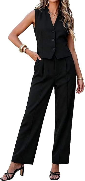 Womens Vest Pant Suits 2 Piece Outfits Office Sleeveless Blazer Set | Summer Two Piece Sets, V Neck Waistcoat, Wide Leg Pant, Work, Pantsuit, Business Outfit 2026, Conference, Interview
