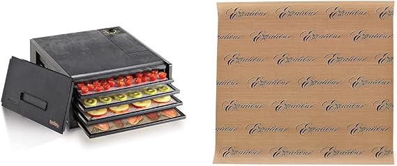 Excalibur 2400 Electric Food Dehydrator Machine with Adjustable Thermostat & ParaFlexx Reusable Non-Stick Drying Sheets for Food Dehydrators 11-Inch, Set of 4, Brown