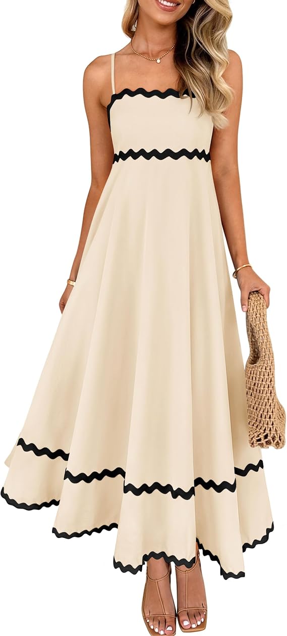 ZESICA Women's 2026 Summer Spaghetti Straps Midi Dress | Sleeveless Sundress, Backless Long Dress, Flowy A Line Dress, Swing, Smocked Lace Dresses, High Waist, Wedding Guest Dress
