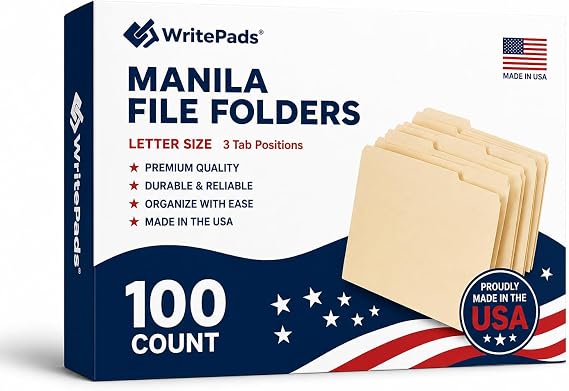 WritePads Manila File Folders, Letter Size 8.5 x 11 Inch, 1/3 Cut Tab Folders, 100 Pack Box, Heavy Duty Paper File Folders for Office, School and Home Organization, Made in USA