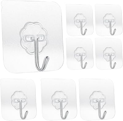 Transparent Adhesive Hooks 30 lbMax, Waterproof and Oilproof Reusable Seamless Hooks, Heavy Duty Wall Hook for Kitchen Bathroom Office 8 Pack Transparen