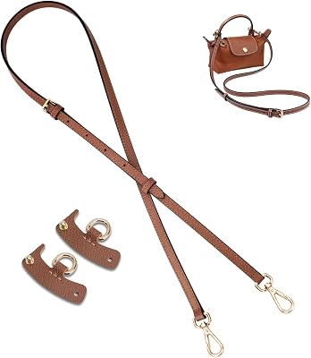 Leather Purse Straps for Longchamp Bag,Shoulder Straps Adjustable for Mini Bag Handbag Crossbody Modification, Replacement Bag Straps Bag Transformation Set fit Le Pliage MiniBrown Gold