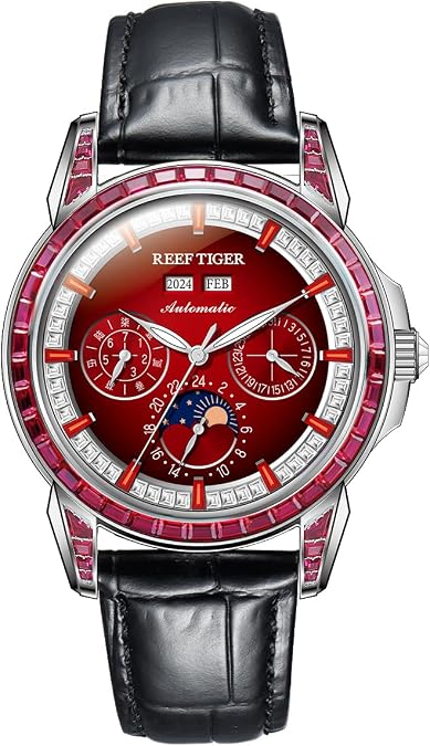 REEF TIGER Luxury Crystal Bezel Moonphase Complete Calendar Mechanical Automatic Watch for Men Luminous Leather Strap Classic Watch RGA1988