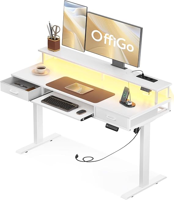 OffiGo Height Adjustable Desk with Drawers, 120 cm Electric Desk with Keyboard Tray, Computer Desk with Monitor Stand, Table Height Adjustable with Sockets and Light Bar, White