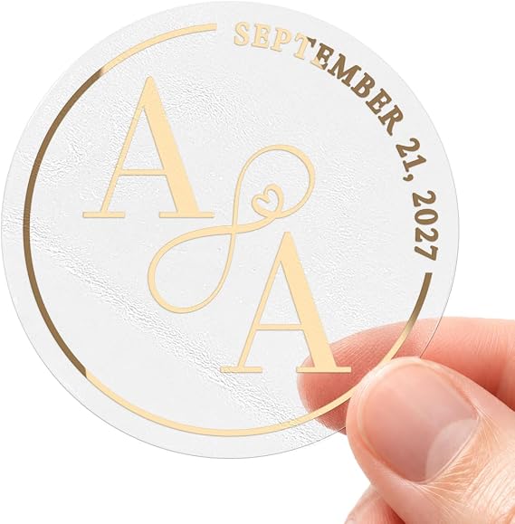 Gold Clear Personalized Wedding Favor Stickers & Monogram Envelope Seals | Custom, 24+ Pack, Transparent or White, Waterproof, Self-adhesive, Real Gold, Rose Gold & Silver Foil, Bulk Quantity