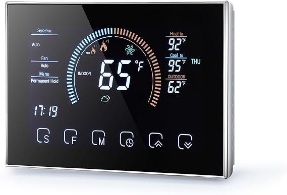 Aoresac Thermostat WiFi Smart Heat Pump Room Thermostat Temperature Controller 4.8 Inch Color LCD Screen Programmable Touch Control/Mobile APP/Voice Control (Black)