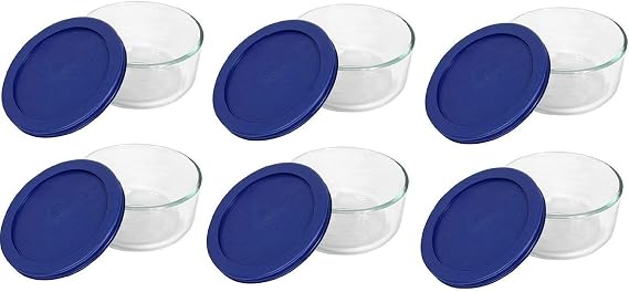 Pyrex 7200 (2-Cup) Glass Bowl With Dark Blue Lid (6 Pack) - Made in USA | Tempered Glass | BPA-Free Plastic | Non-Porous Surface | Refrigerator Freezer Safe | Top-Rack Dishwasher Safe