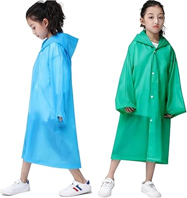 Raincoat Rain Ponchos for Kids 2 Pack, Reusable EVA Rain Coats Jackets with Hood for 6-13 Children Boys Girls