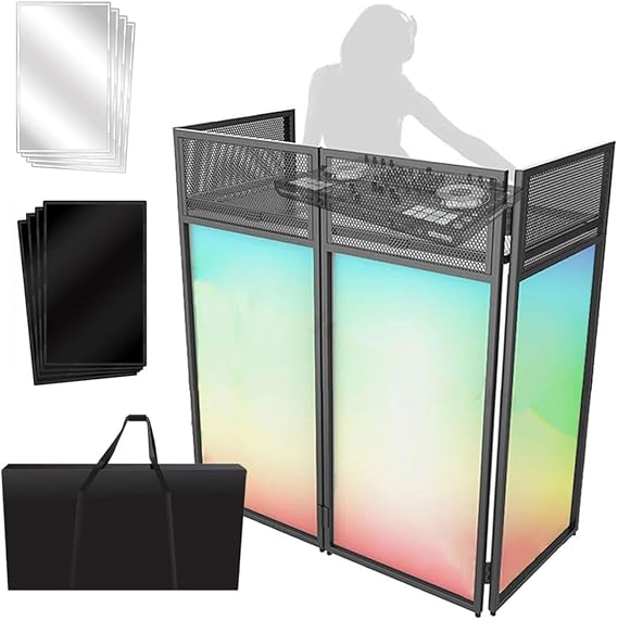 DJ Event Facade Flat Table Station, Portable Adjustable Booth with Metal Frame and Padded Carrying Bag, Ideal for Parties Events