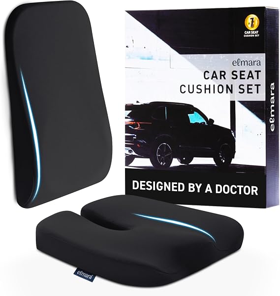 Elmara Doctor-Designed Car Seat Cushions for Driving Car Seat Back Support, Driver Seat Cushion and Back Cushion for Car, Pillow for Driving Seat The Ultimate Comfort Solution for Cars (Black)