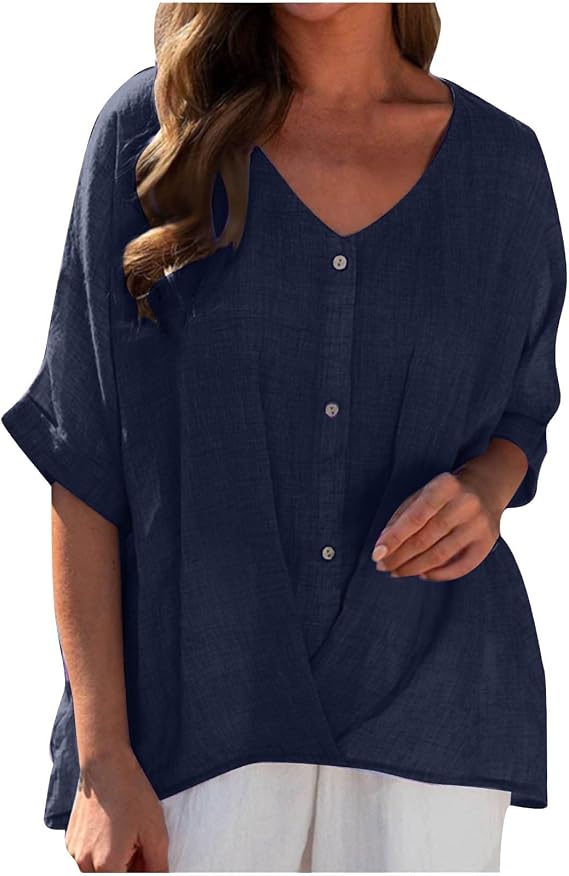 Women's Half Sleeve Linen Tops for Teen Girls Casual Loose Blouse Tees Vintage Solid Breathable Comfy Pullover Top