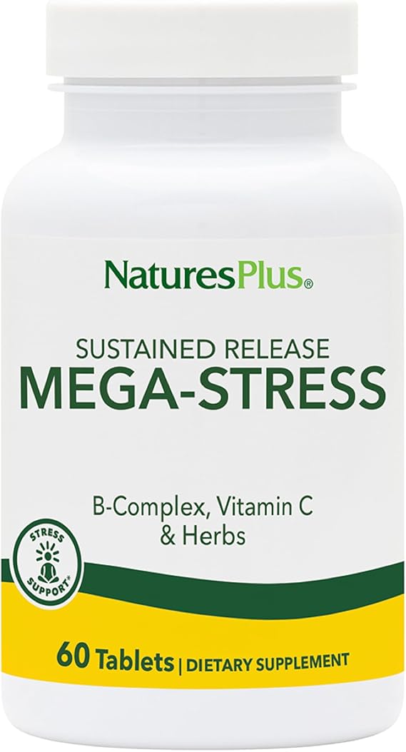 NaturesPlus Mega-Stress Complex - 60 Sustained Release Tablets - B Complex, Vitamin C Supplement with Chamomile & Herbs for Natural Calm - Gluten Free - 60 Servings