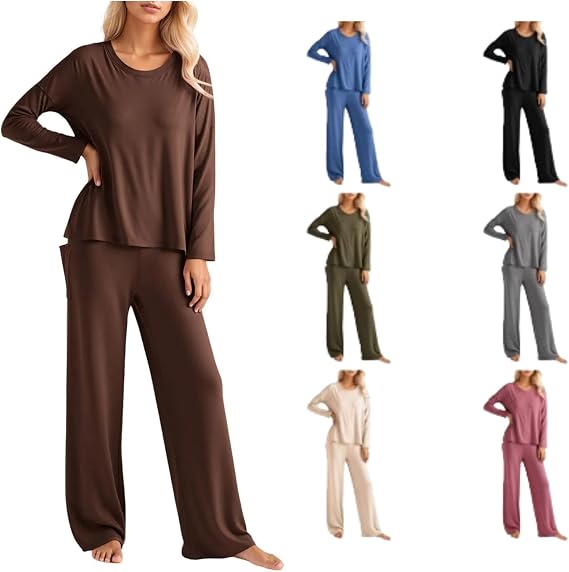 Women Lounge Sets 2 Piece Outfits Fall Long Sleeve Tops Wide Leg Pants Two Piece Pajama Comfy Casual Matching Set