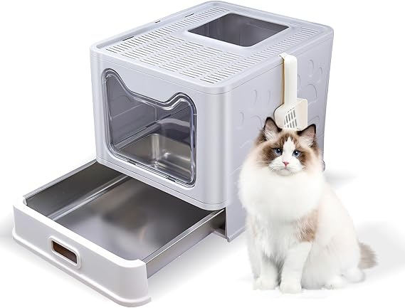 Marchul Stainless Steel Cat Litter Box Enclosed with Filter Lid: Top Entry Large Enclosure Litter Box with Cover and Poop Scooper: Anti-Leakage, Non-Sticky