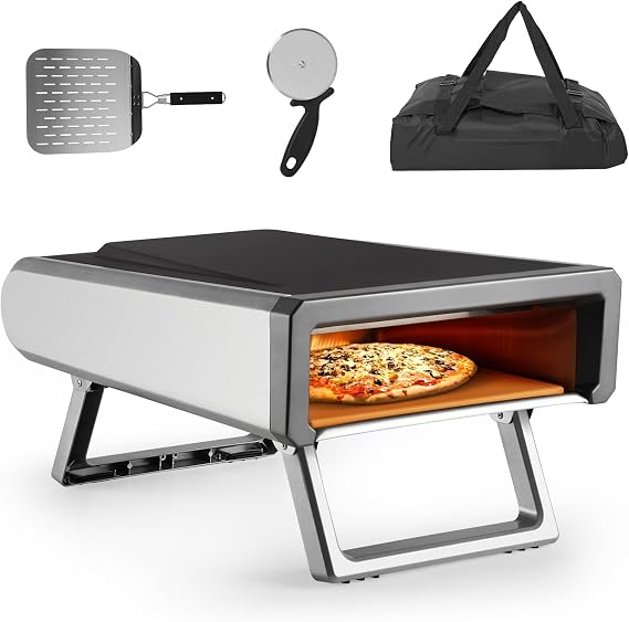 Portable Gas Fired Pizza Maker with Accessories Kit - Outdoor Pizza Oven for Backyard Camping - Stainless Steel, 12" Size, Pizza Oven Easy to Use