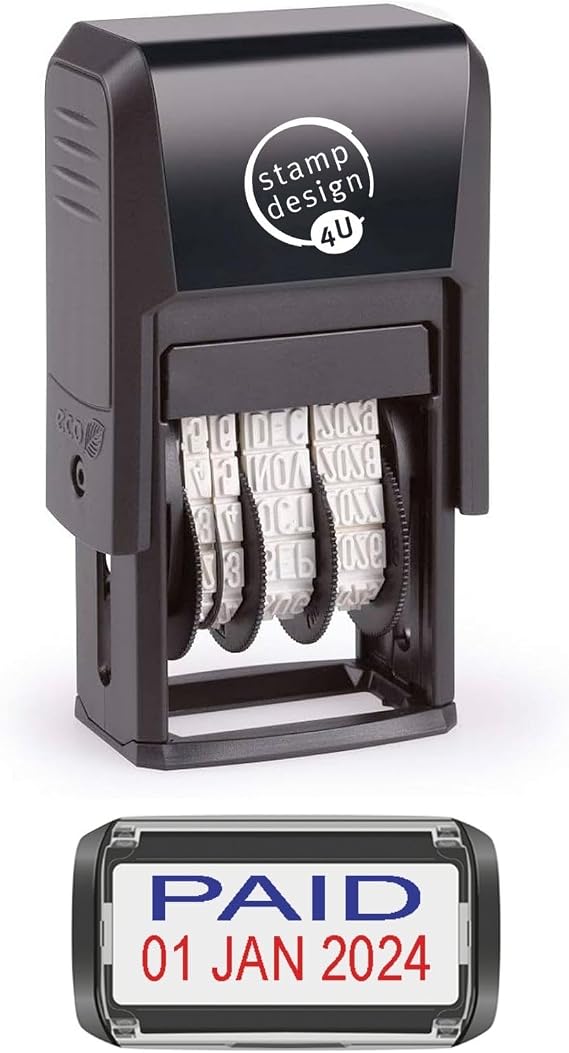 Self Inking Changeable Date Stamp - Paid Date Stamp in Blue and Red Ink
