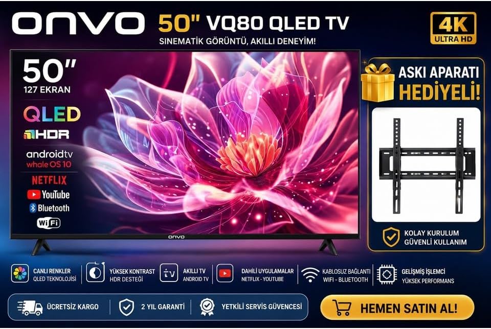 Onvo 50" VQ80 QLED Android Smart Tv | Hdr Destekli | Netflix & Youtube | Bluetooth & Wifi | Askı Aparatı Hediyeli [Enerji Sınıfı F]