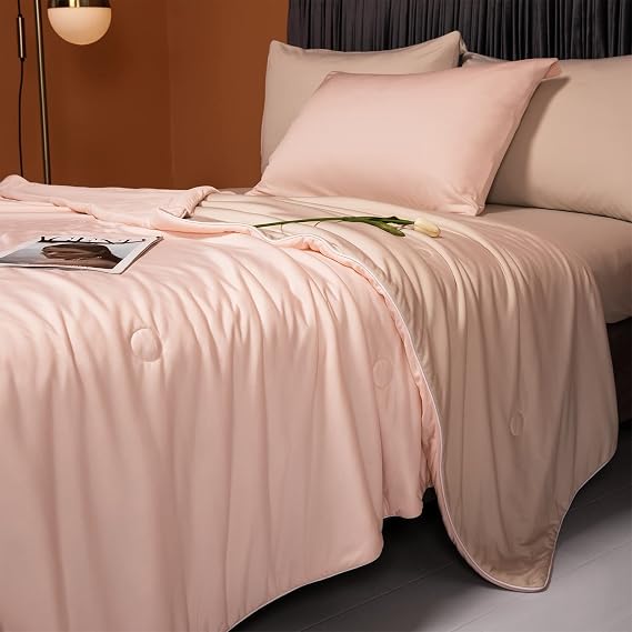 LLanCL Cooling Blankets for Hot Sleepers - Cool Like Ice Cream Lightweight Blanket for Summer with Double Side Cold, Cooling Comforter, Quilt, Fabric for Bed (90" x 90" Pink & Beige)