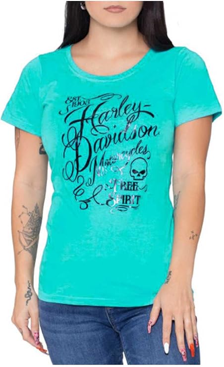Harley-Davidson Women's Swirl Spirit Foil Scoop Neck Short Sleeve Tee, Blue