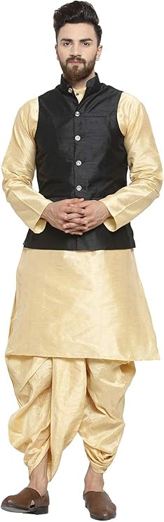 Royal Kurta Men's Silk Blend Kurta Dhoti & Nehru Jacket