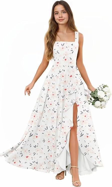 Long Junior Bridesmaid Dresses for Wedding Floral Chiffon Flower Girl Dresses Ruffle White Party Dress for Teens 10-12